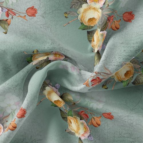 Yellow Flower Repeat Digital Printed Fabric - Polyester, Kora Silk 110 CM